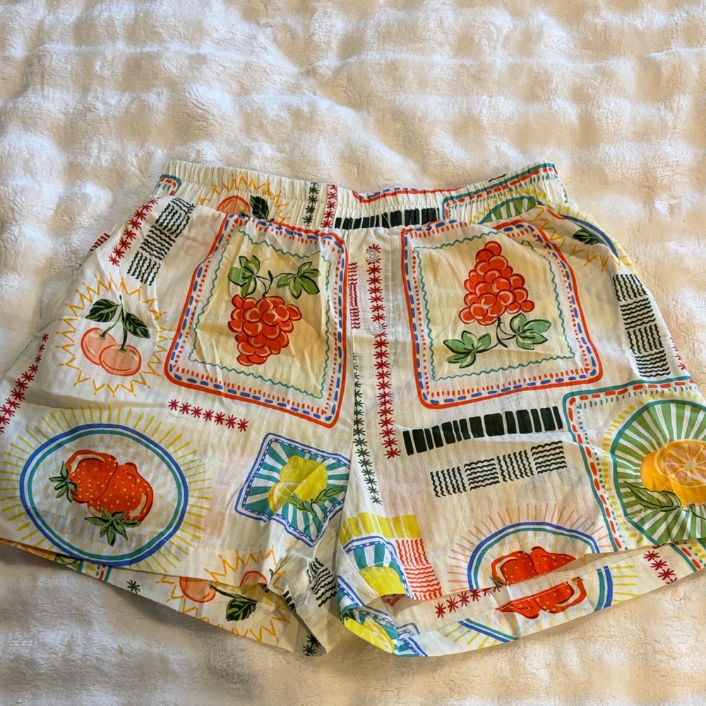 Women's Fruit-Print Elastic Waist Shorts - White with Red & Orange Accents